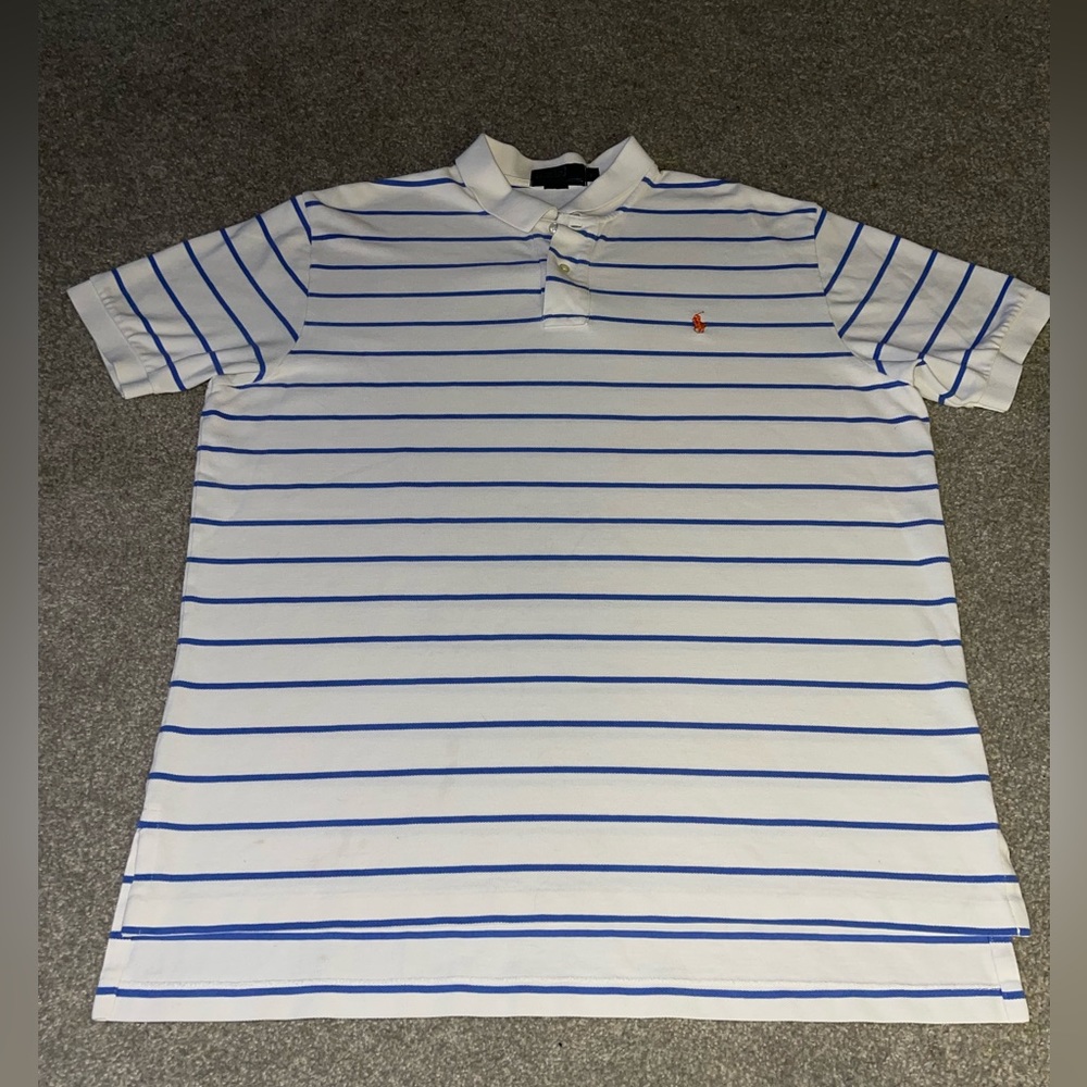 VTG Mens Ralph Lauren Polo Blue and White Short Sleeve Shirt XL Orange Pony Logo